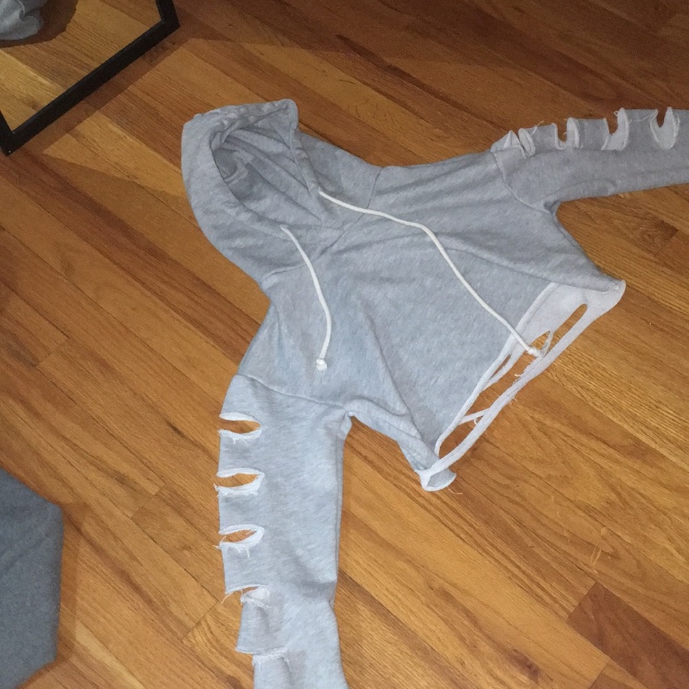 Light Grey Distressed Crop top Hoodie